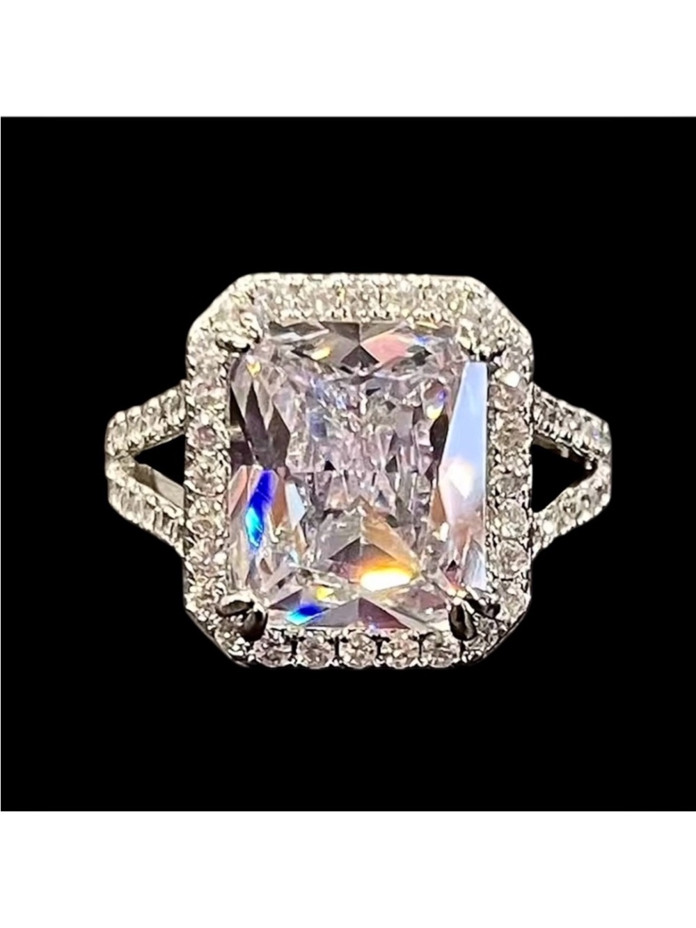 Halo Emerald-Cut Cubic Zirconia Ring in Silver